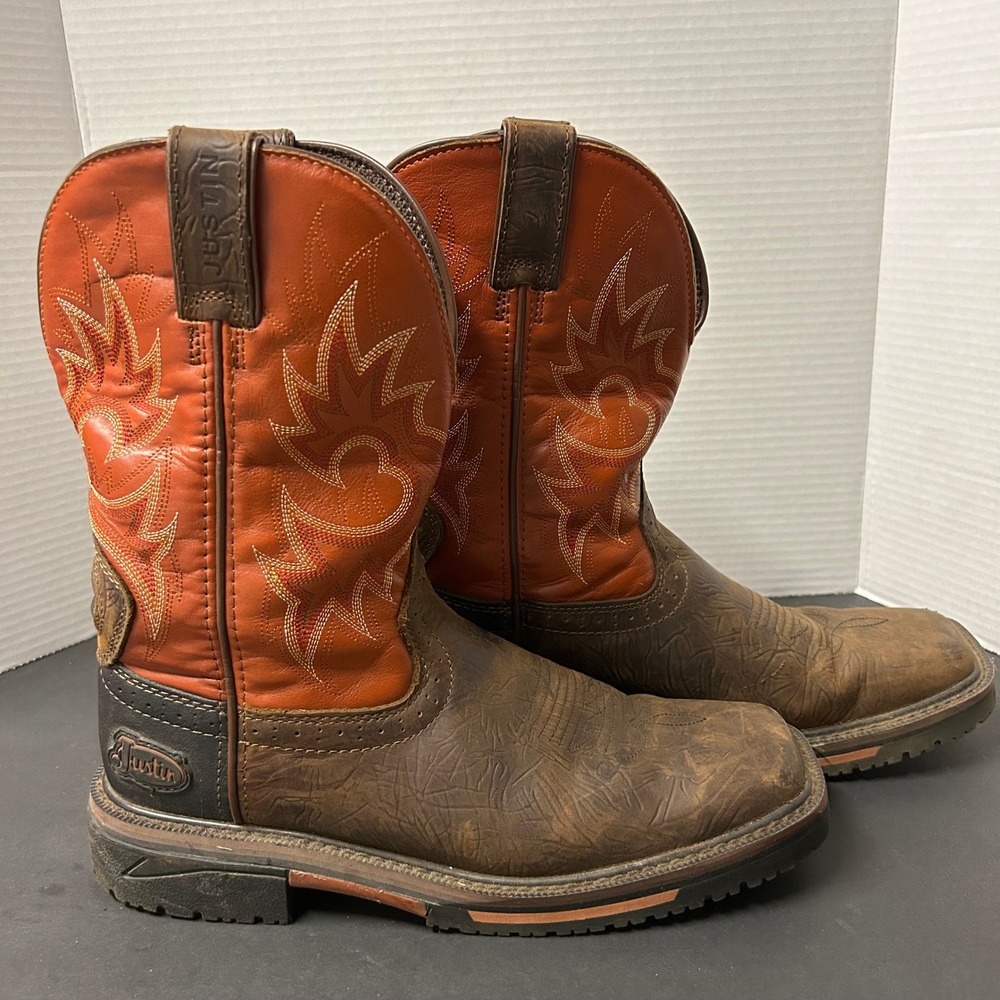 Justin Work Boots Mens 10D Brown Orange Good SE4944 EH Rated Square Toe Leather